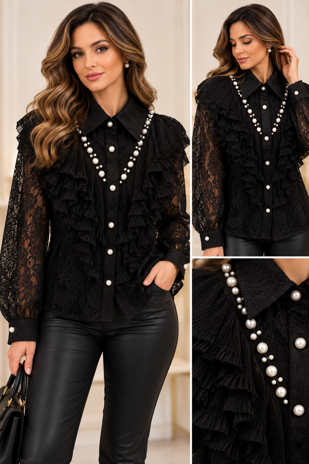 Cămașă elegantă din dantelă cu perle | Mira Style