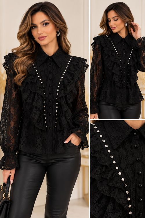 Bluză elegantă din dantelă cu volane și strasuri | Mira Style