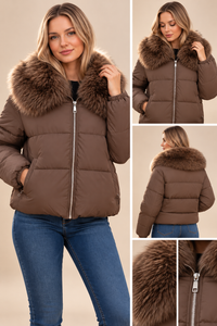 Geacă damă maro matlasată cu blană artificială | Mira Style