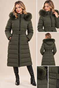 Geacă lungă damă verde închis cu blăniță | Mira Style