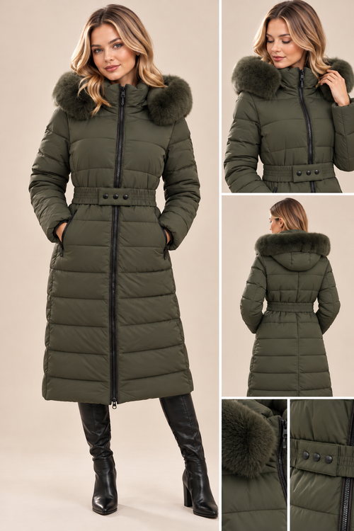 Geacă lungă damă verde închis cu blăniță | Mira Style