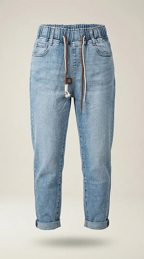 Blugi damă casual stil jogger cu talie elastică și șnur, denim albastru deschis, rulați la gleznă