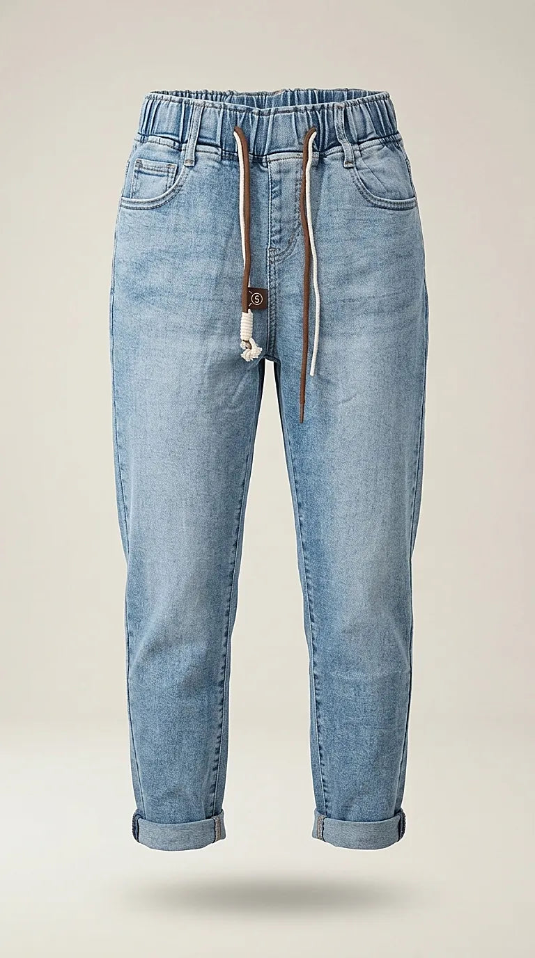 Blugi damă casual stil jogger cu talie elastică și șnur, denim albastru deschis, rulați la gleznă