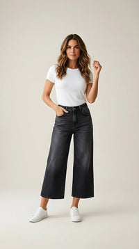 Blugi damă culotte negru spălăcit cu talie înaltă, model wide-leg cropped din denim | Mira Style