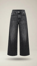 Blugi damă culotte negru spălăcit cu talie înaltă, model wide-leg cropped din denim