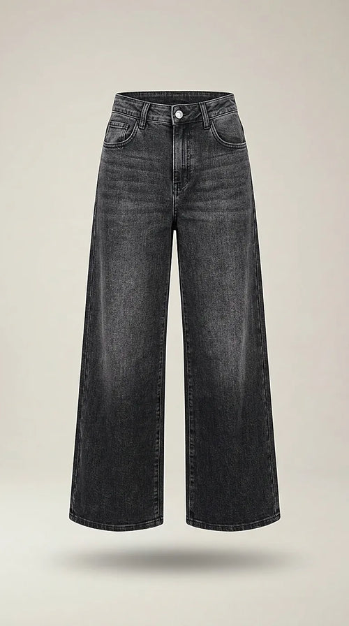 Blugi damă culotte negru spălăcit cu talie înaltă, model wide-leg cropped din denim