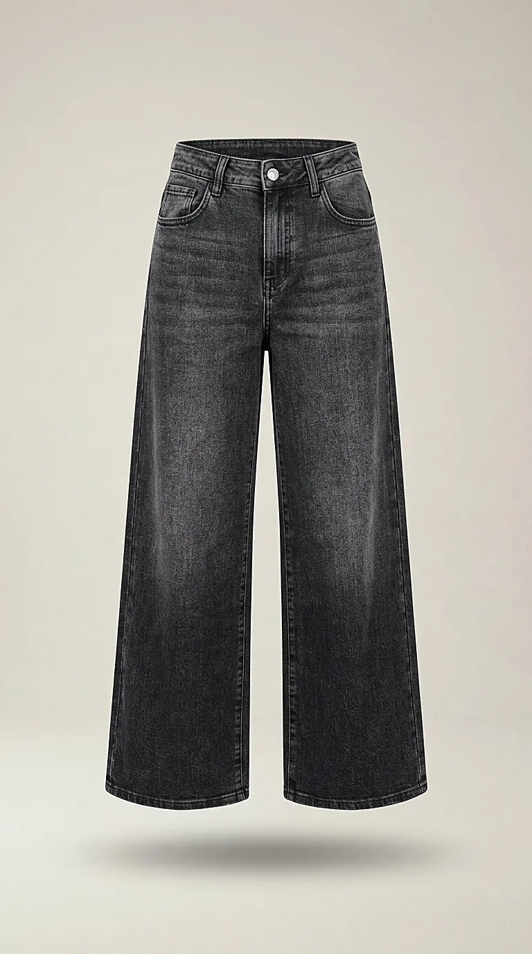 Blugi damă culotte negru spălăcit cu talie înaltă, model wide-leg cropped din denim
