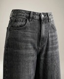 Blugi damă culotte negru spălăcit cu talie înaltă, model wide-leg cropped din denim