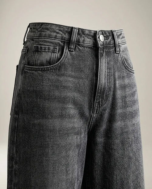 Blugi damă culotte negru spălăcit cu talie înaltă, model wide-leg cropped din denim