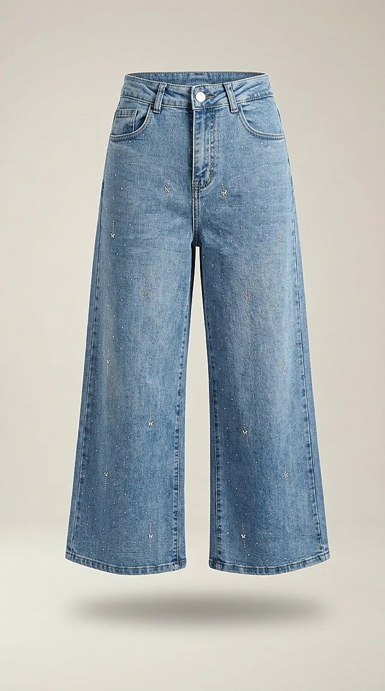 Blugi damă evazați cu talie înaltă și cristale decorative, model fluturi, denim albastru deschis, stil trendy y2k | Mira Style