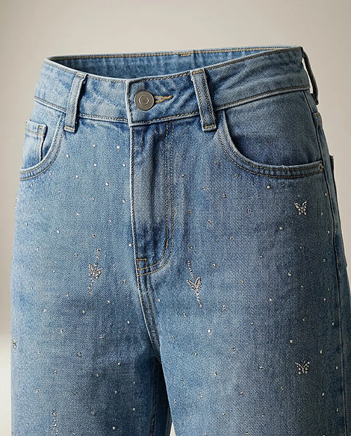 Blugi damă evazați cu talie înaltă și cristale decorative, model fluturi, denim albastru deschis, stil trendy y2k