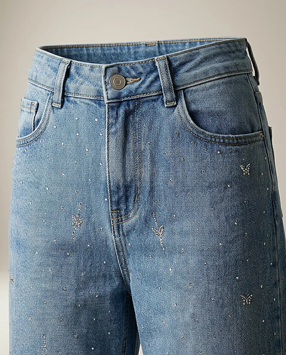 Blugi damă evazați cu talie înaltă și cristale decorative, model fluturi, denim albastru deschis, stil trendy y2k