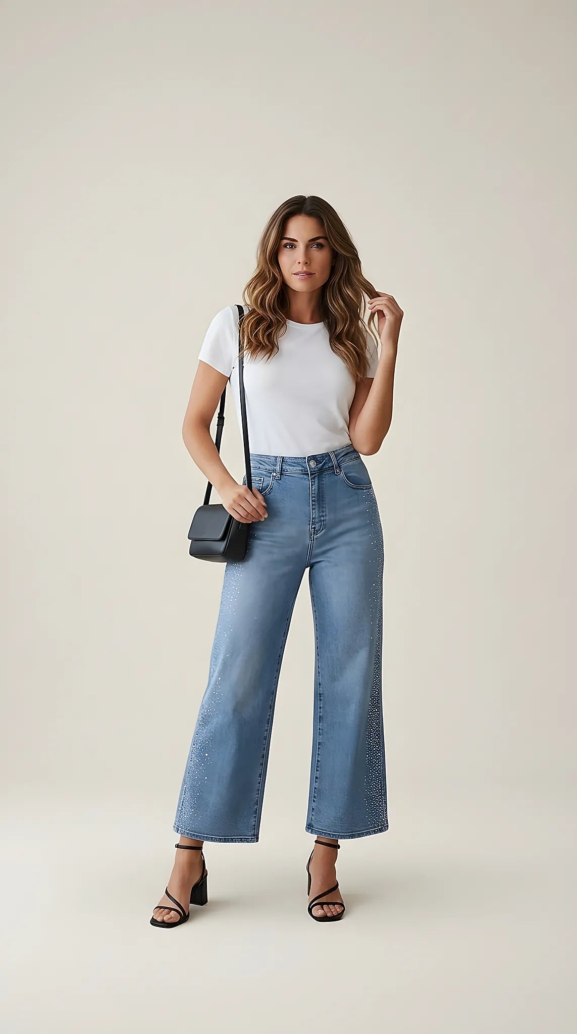 Blugi damă evazați pink girl albastri cu pietre decorative, model cropped wide-leg din denim cu strasuri, talie înaltă pentru ținute casual-elegante | Mira Style