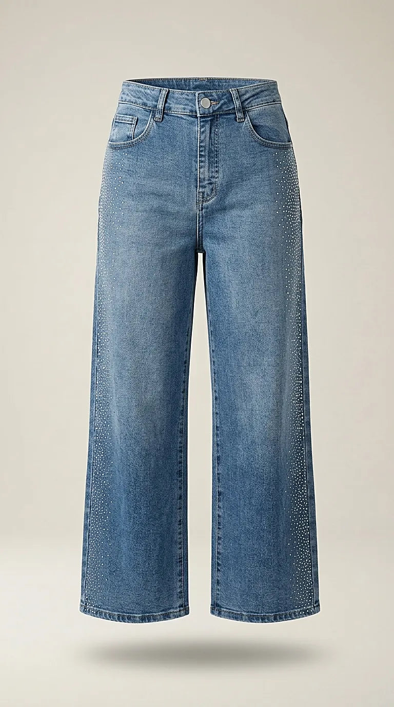 Blugi damă evazați pink girl albastri cu pietre decorative, model cropped wide-leg din denim cu strasuri, talie înaltă pentru ținute casual-elegante | Mira Style
