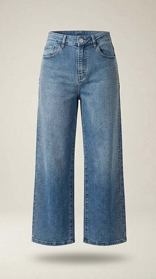 Blugi damă evazați pink girl albaștri cu pietre decorative, model cropped wide-leg din denim cu strasuri, talie înaltă pentru ținute casual-elegante