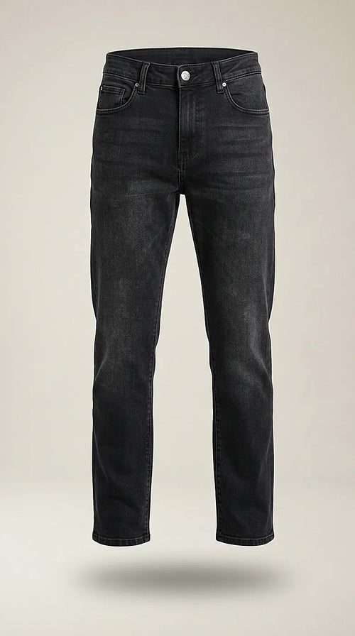 Blugi bărbătești negri cu aspect prespălat, croială dreaptă din denim elastic