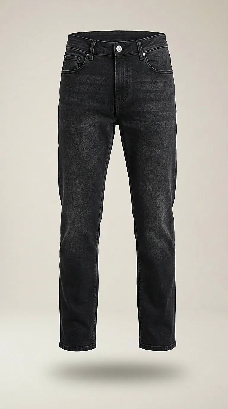 Blugi barbatesti negri cu aspect prespălat, croială dreaptă din denim elastic, | Mira Style