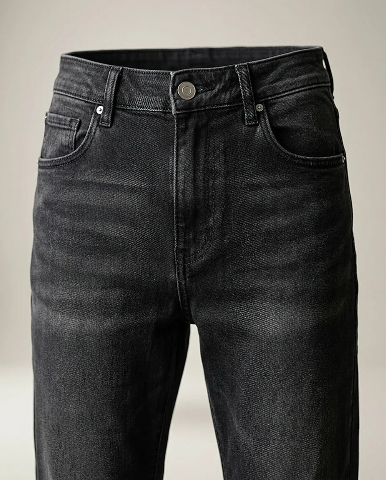 Blugi barbatesti negri cu aspect prespălat, croială dreaptă din denim elastic, | Mira Style