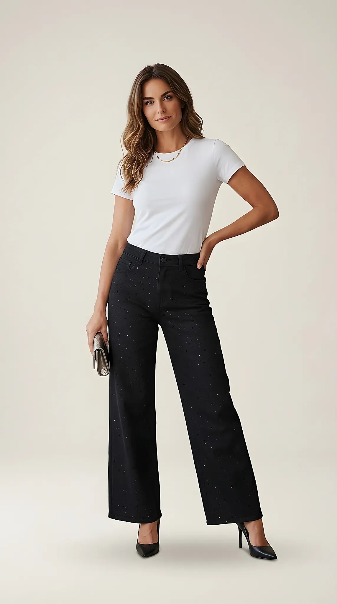 Blugi damă negri cu sclipici miss roksi, croială wide leg fit, din bumbac elastic