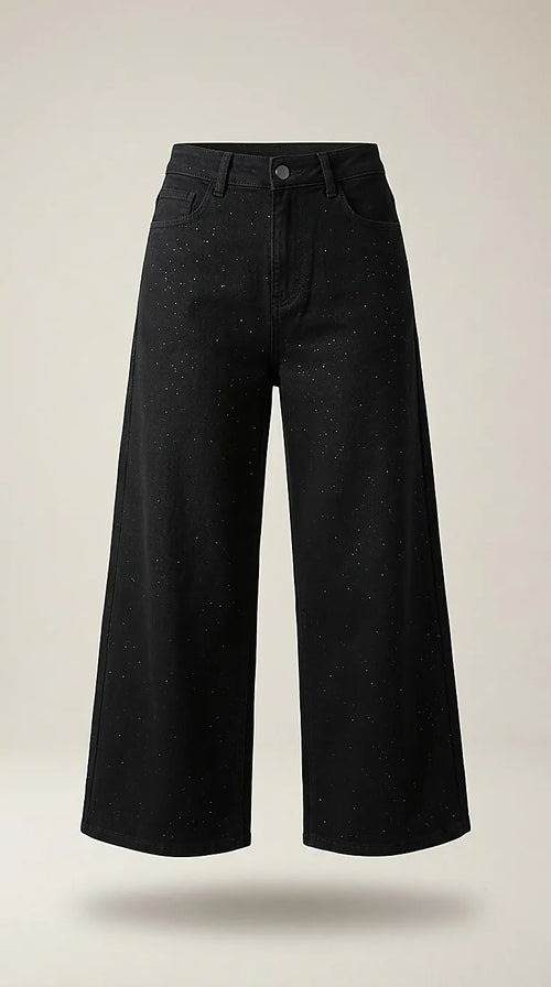 Blugi damă negri cu sclipici miss roksi, croială wide leg fit, din bumbac elastic