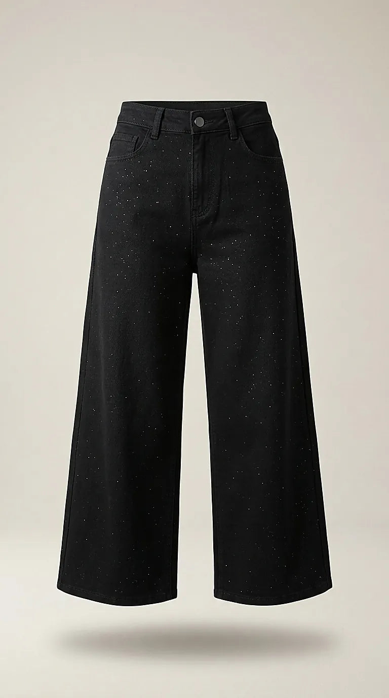 Blugi damă negri cu sclipici miss roksi, croială wide leg fit, din bumbac elastic