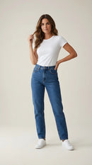 Blugi damă noisy may albastru indigo, croială dreaptă cu talie înaltă, stil mom jeans, denim clasic