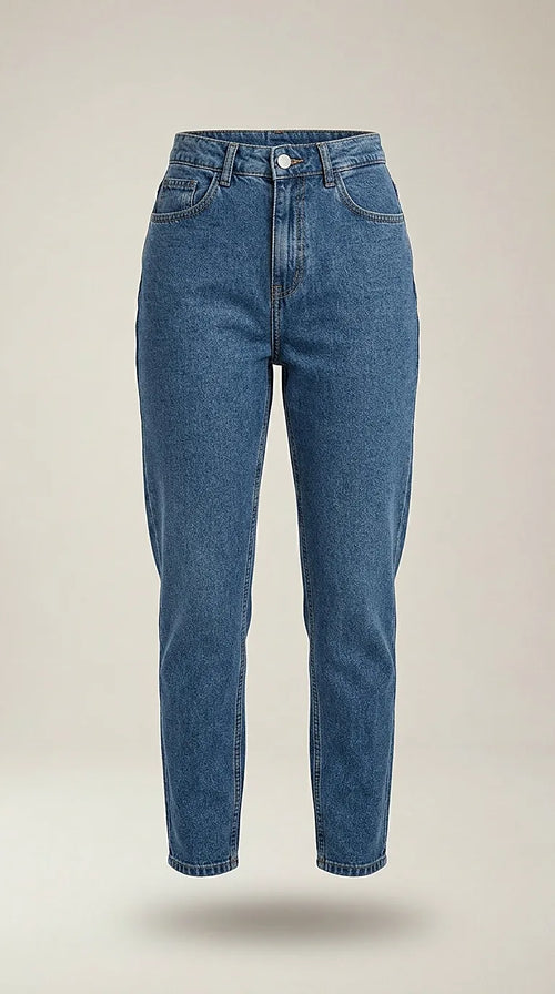 Blugi damă noisy may albastru indigo, croială dreaptă cu talie înaltă, stil mom jeans, denim clasic