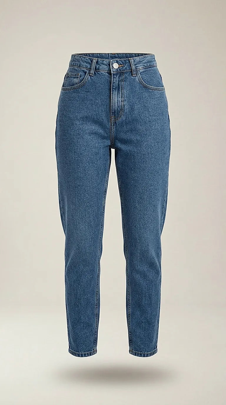 Blugi damă noisy may albastru indigo, croială dreaptă cu talie înaltă, stil mom jeans, denim clasic
