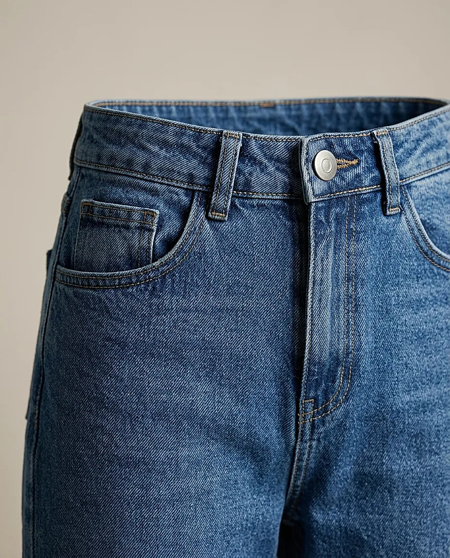Blugi damă noisy may albastru indigo, croială dreaptă cu talie înaltă, stil mom jeans, denim clasic