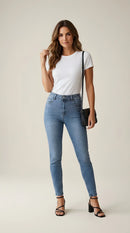 Blugi damă skinny moon girl cu talie înaltă, albastru denim, decorați cu strasuri strălucitoare