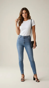 Blugi damă skinny moon girl cu talie înaltă, albastru denim, decorați cu strasuri strălucitoare | Mira Style