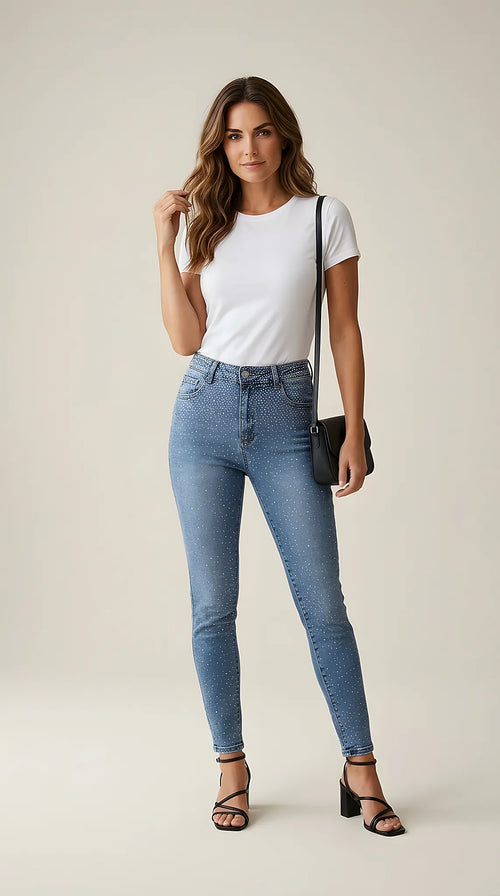 Blugi damă skinny moon girl cu talie înaltă, albastru denim, decorați cu strasuri strălucitoare