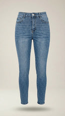Blugi damă skinny moon girl cu talie înaltă, albastru denim, decorați cu strasuri strălucitoare