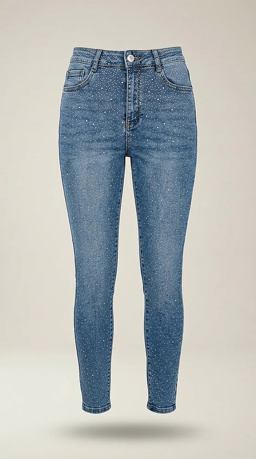 Blugi damă skinny moon girl cu talie înaltă, albastru denim, decorați cu strasuri strălucitoare