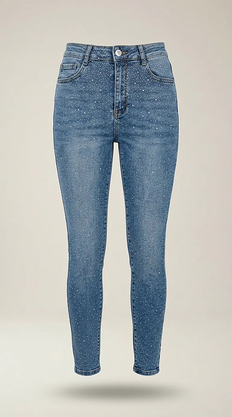 Blugi damă skinny moon girl cu talie înaltă, albastru denim, decorați cu strasuri strălucitoare