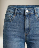 Blugi damă skinny moon girl cu talie înaltă, albastru denim, decorați cu strasuri strălucitoare