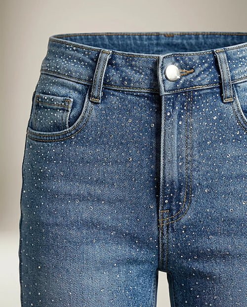 Blugi damă skinny moon girl cu talie înaltă, albastru denim, decorați cu strasuri strălucitoare