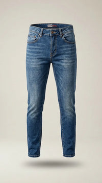 Blugi bărbați slim fit adam control albastru denim, cu talie medie și aspect prespălat, stil modern casual | Mira Style