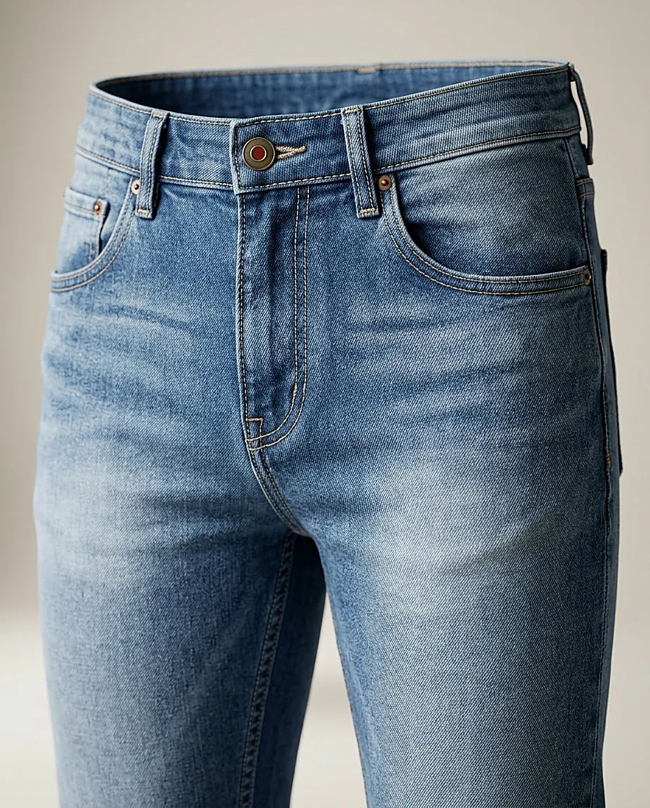 Blugi bărbați slim fit adam control albastru denim, cu talie medie și aspect prespălat, stil modern casual