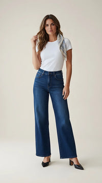 Blugi damă wide-leg din denim indigo, model palazzo cu talie înaltă, stil casual-chic | Mira Style