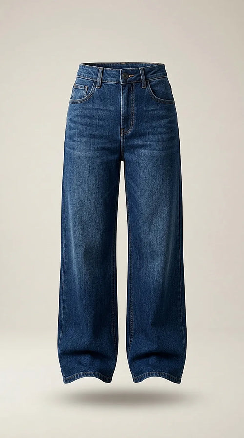 Blugi damă wide-leg din denim indigo, model palazzo cu talie înaltă, stil casual-chic