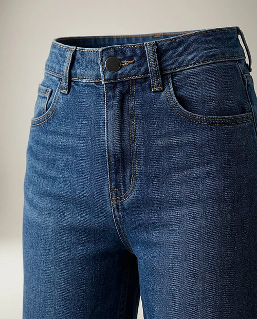 Blugi damă wide-leg din denim indigo, model palazzo cu talie înaltă, stil casual-chic
