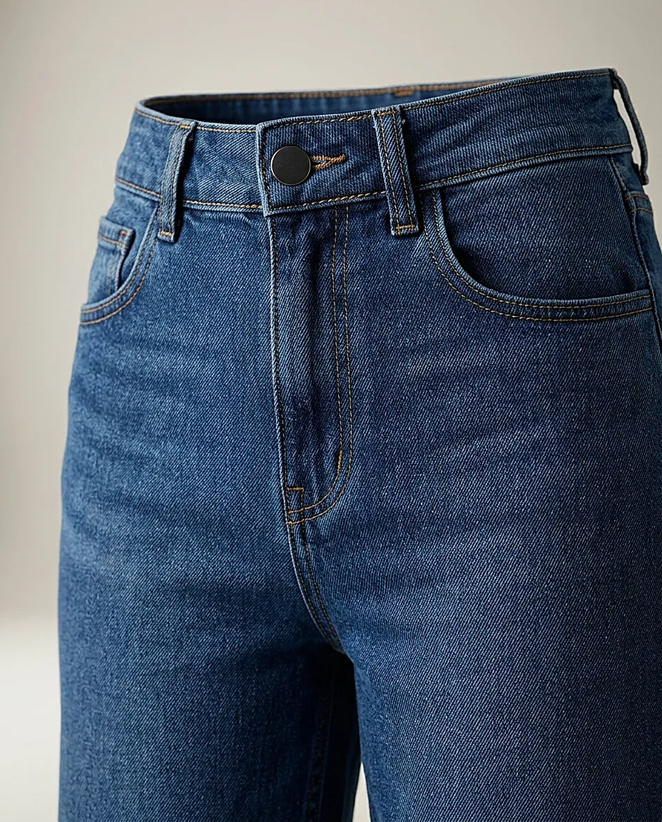 Blugi damă wide-leg din denim indigo, model palazzo cu talie înaltă, stil casual-chic