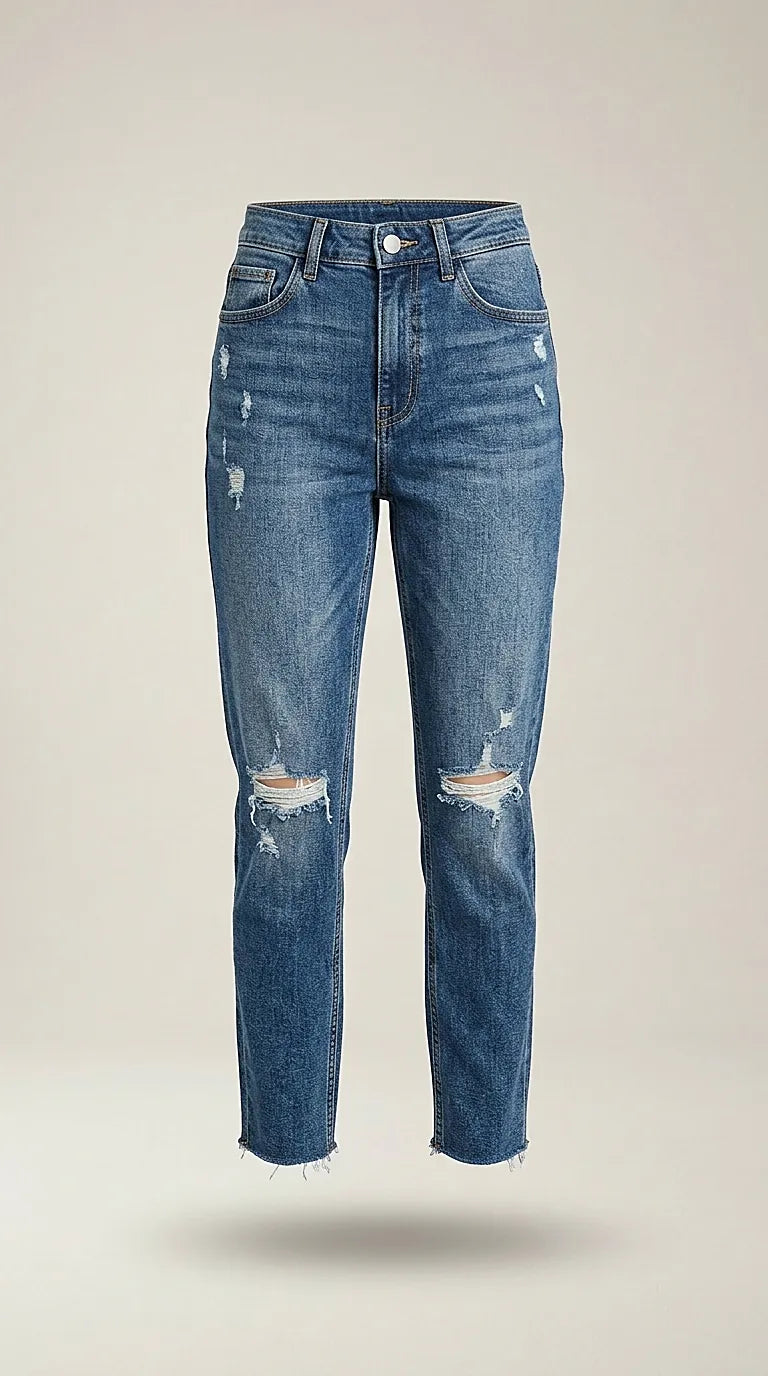 Blugi de damă albaștri cu talie înaltă și rupturi decorative, model straight leg cu tiv franjurat