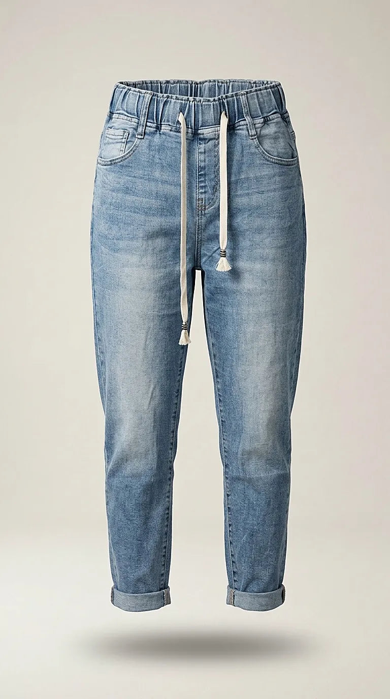 Blugi de damă cu talie elastică și șnur, model conic din denim prespălat, ideali pentru ținute casual-moderne