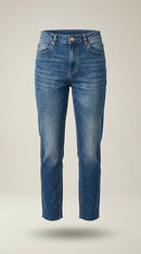 Blugi de damă jdy, denim albastru mediu cu efect de uzură, croială dreaptă, stil casual modern