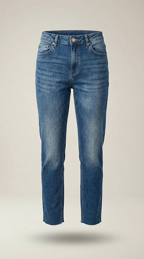 Blugi de damă jdy, denim albastru mediu cu efect de uzură, croială dreaptă, stil casual modern