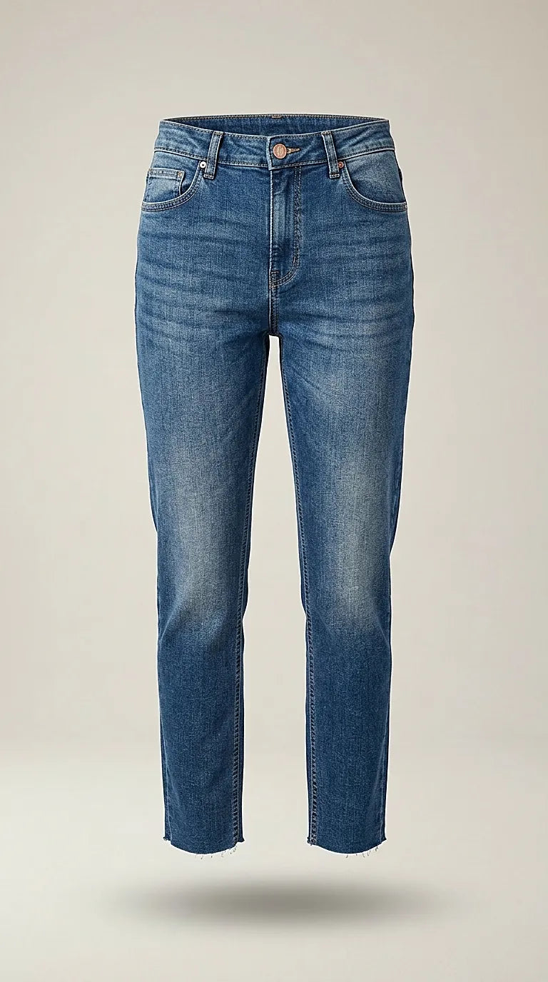 Blugi de damă jdy, denim albastru mediu cu efect de uzură, croială dreaptă, stil casual modern