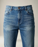 Blugi de damă jdy, denim albastru mediu cu efect de uzură, croială dreaptă, stil casual modern
