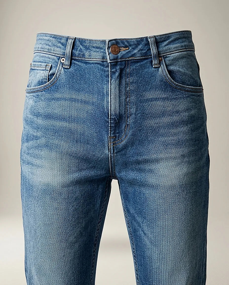 Blugi de damă jdy, denim albastru mediu cu efect de uzură, croială dreaptă, stil casual modern